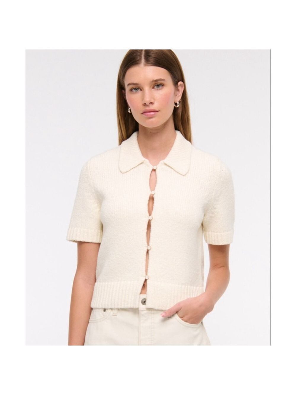 Abercrombie & Fitch Cream Ribbed Button Up Cardigan